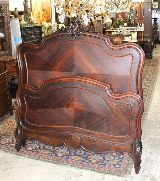 French Antique Carved Rosewood Louis XV Full Size Bed with Rails - Elegant