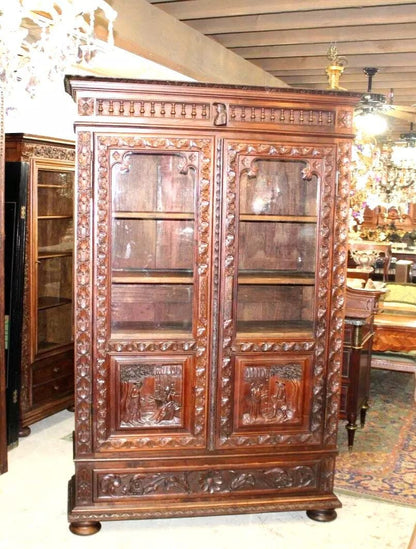 French Antique Chestnut Wood Brittany Bookcase | Carved Display Cabinet c.1880