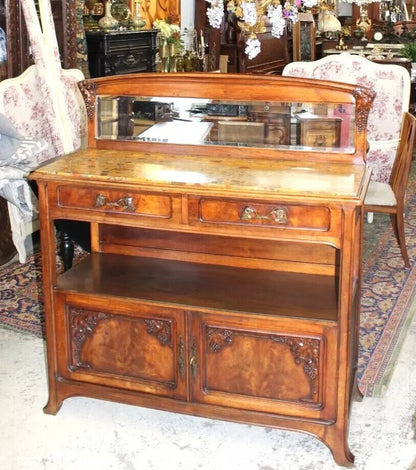 French Antique Burled Walnut Art Nouveau Marble Top Server Cabinet Sideboard
