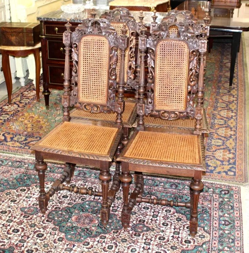 Set of 4 French Antique Louis XVI Dining Chairs | Oak Wood with Cane Seats