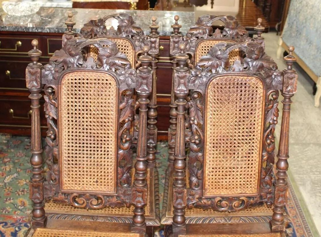 Set of 4 French Antique Louis XVI Dining Chairs | Oak Wood with Cane Seats