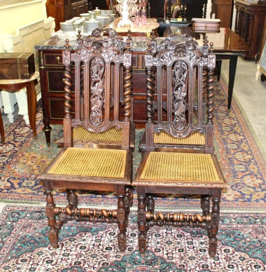 Set of 4 French Louis XIII Oak Dining Chairs | Carved Cane Seat Antique