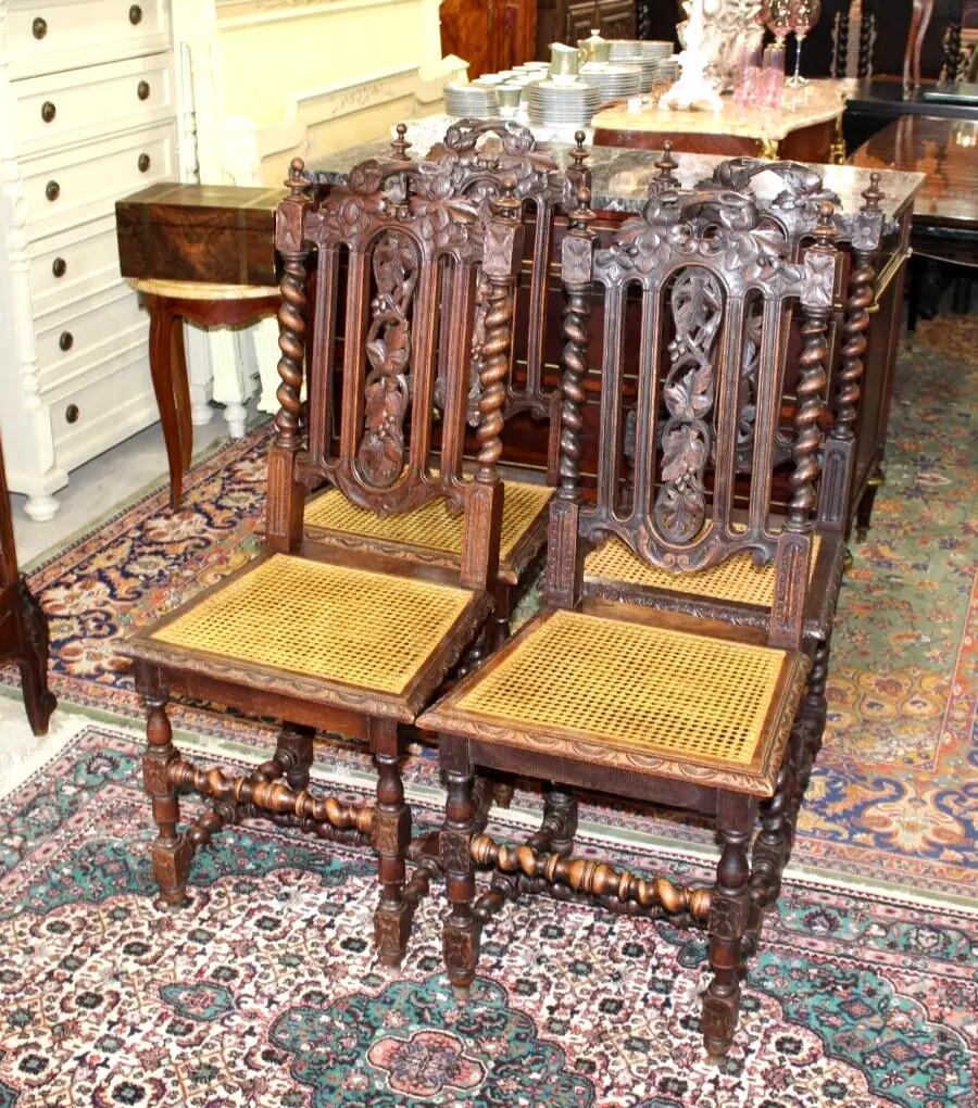 Set of 4 French Louis XIII Oak Dining Chairs | Carved Cane Seat Antique