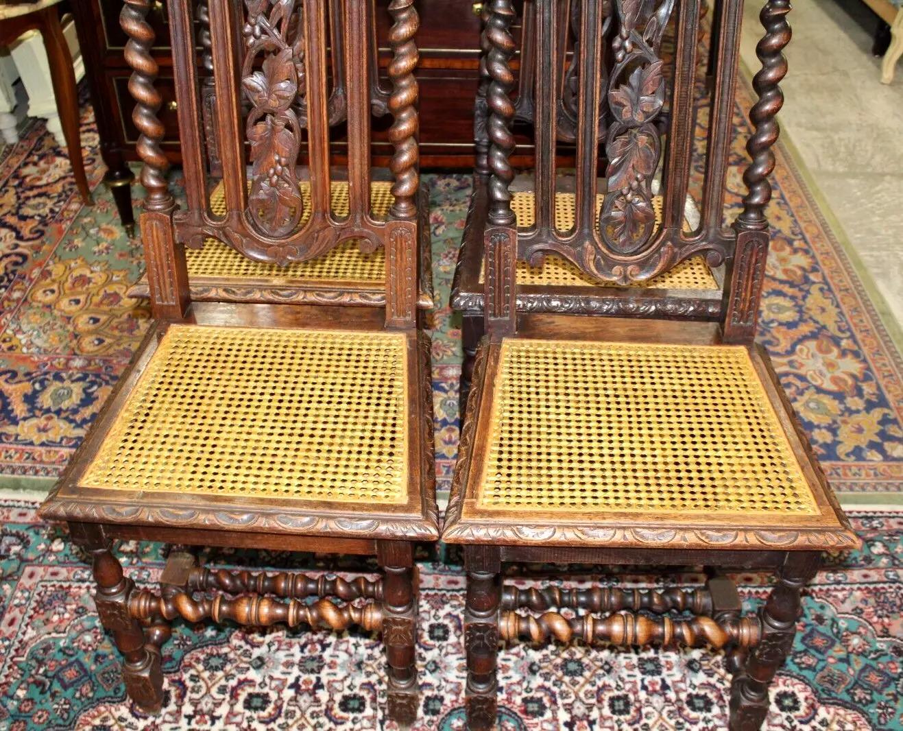 Set of 4 French Louis XIII Oak Dining Chairs | Carved Cane Seat Antique