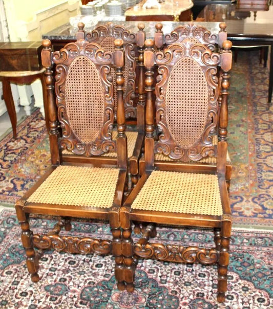 Set of 4 French Louis XIV Dining Chairs | Walnut Carved Cane Seat Antique