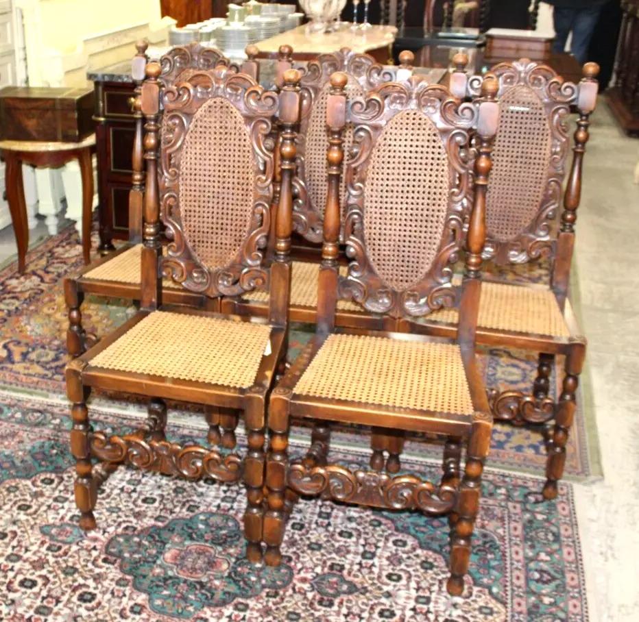 Set of 5 French Antique Louis XIV Walnut Dining Chairs | Cane Seats | Carved