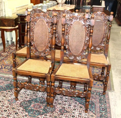 Set of 5 French Antique Louis XIV Walnut Dining Chairs | Cane Seats | Carved
