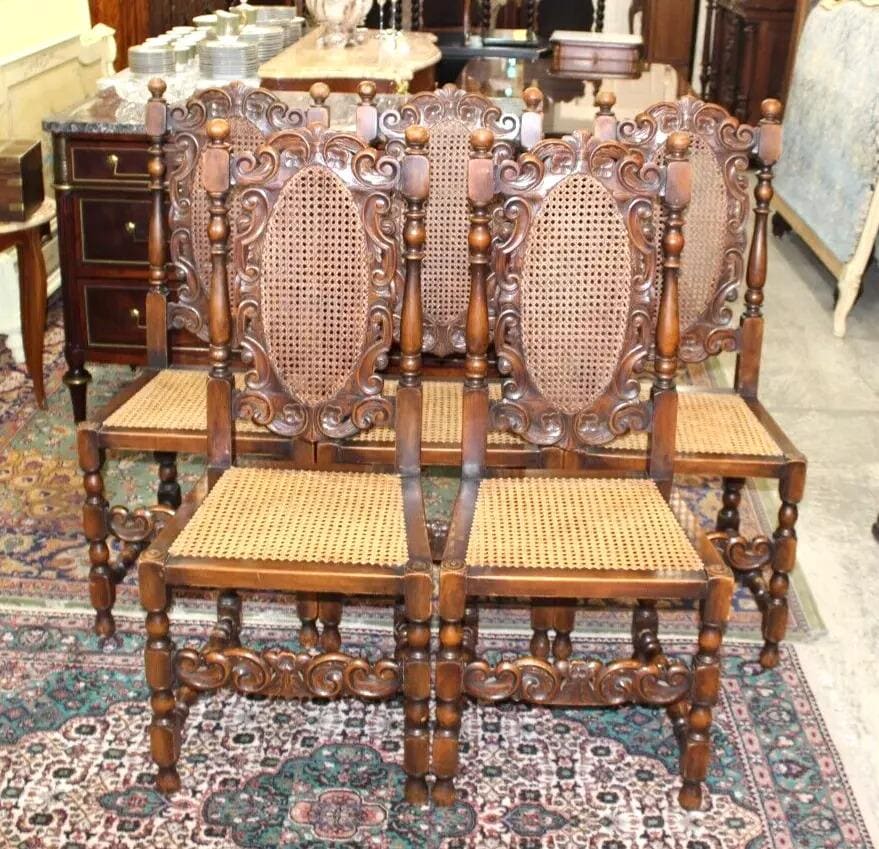 Set of 5 French Antique Louis XIV Walnut Dining Chairs | Cane Seats | Carved