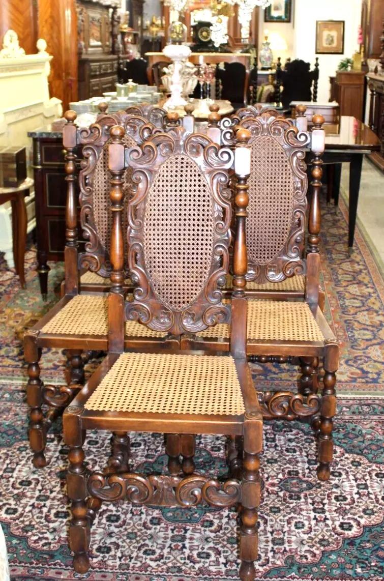 Set of 5 French Antique Louis XIV Walnut Dining Chairs | Cane Seats | Carved