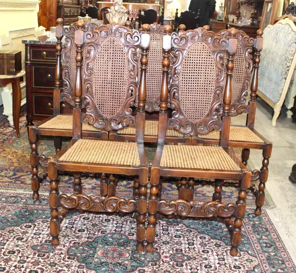 Set of 5 French Antique Louis XIV Walnut Dining Chairs | Cane Seats | Carved