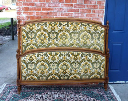 French Antique Louis XVI Full Size Bed | Upholstered Frame | Carved Details