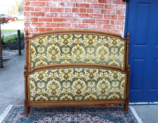 French Antique Louis XVI Full Size Bed | Upholstered Frame | Carved Details