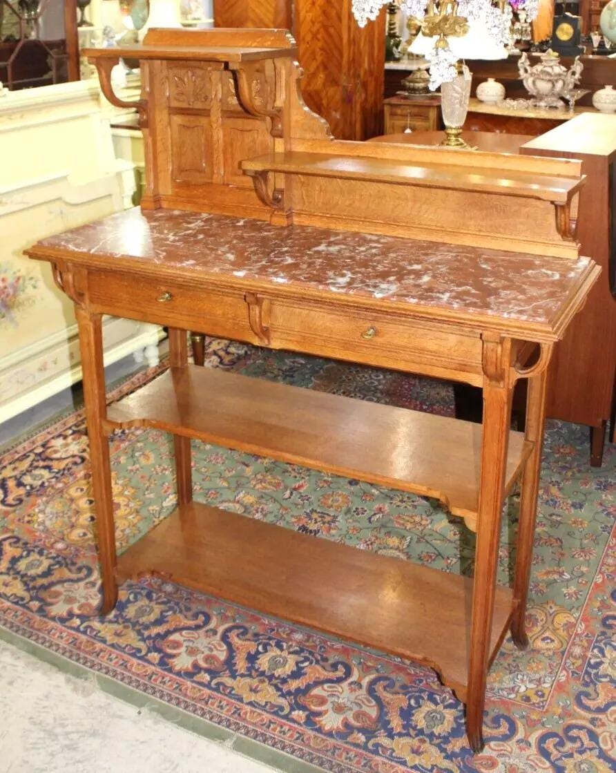 French Antique Oak Art Nouveau Sideboard Server | Marble Top & Shelves