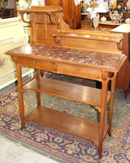 French Antique Oak Art Nouveau Sideboard Server | Marble Top & Shelves