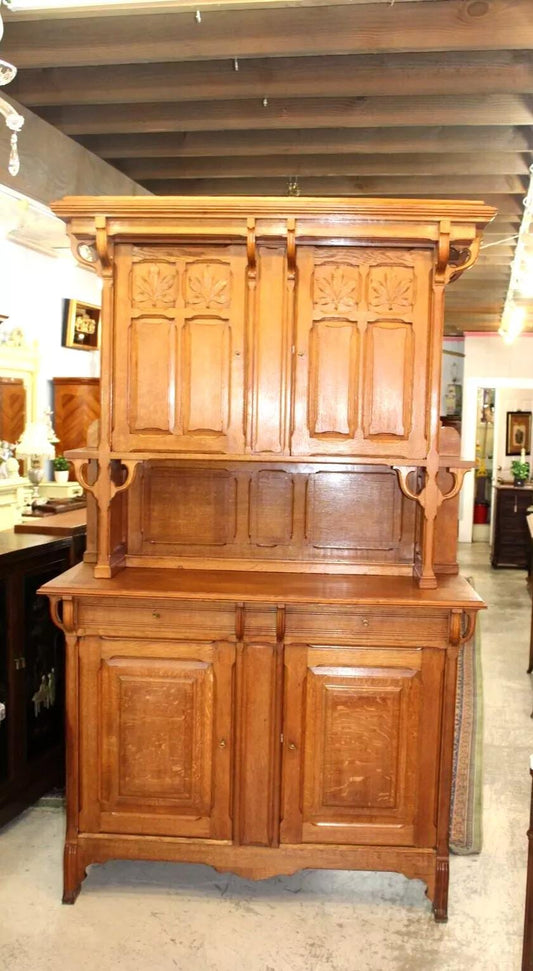 French Antique Oak Arts & Crafts Buffet Cabinet Hutch w/ Carved Details