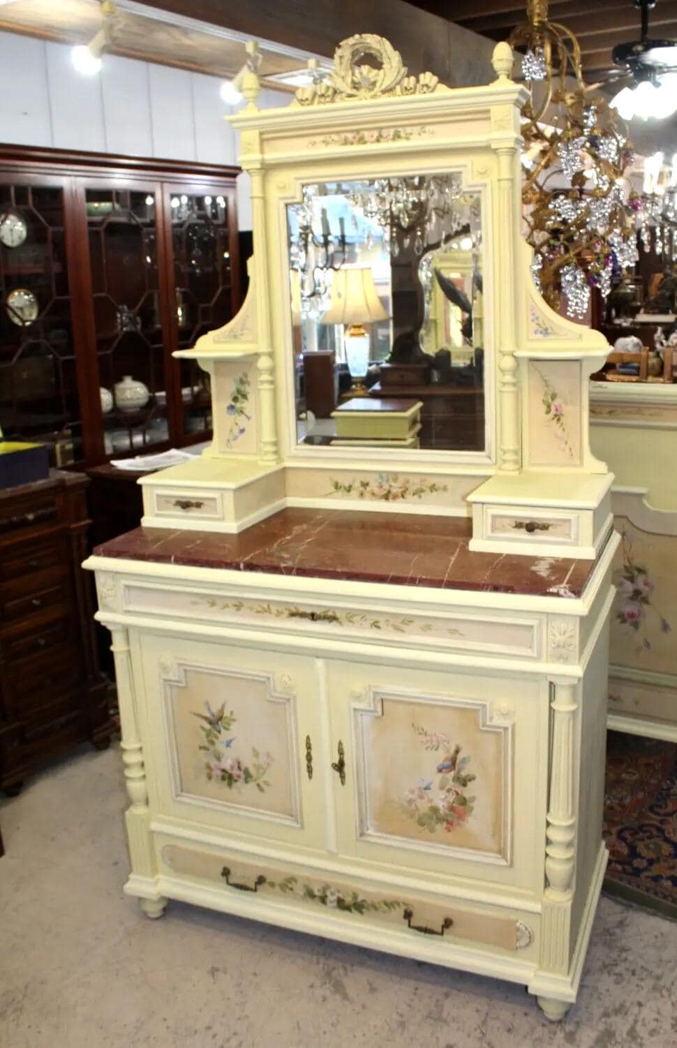 French Louis XVI Painted Dresser | Marble Top Vanity with Mirror & Floral Art