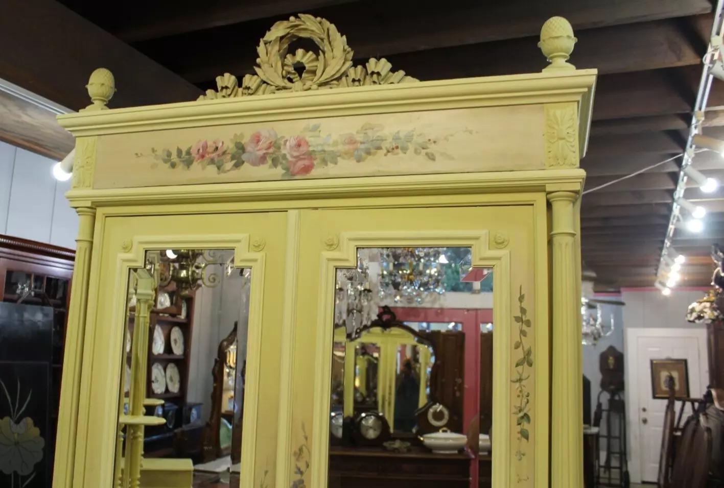 French Louis XVI Painted Armoire | Antique Mirrored Wardrobe Floral Motif