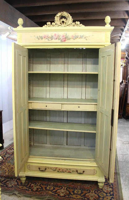 French Louis XVI Painted Armoire | Antique Mirrored Wardrobe Floral Motif