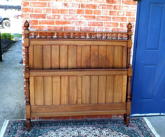 French Antique Carved Walnut Full Size Bed with Rails - Classic Panel Design