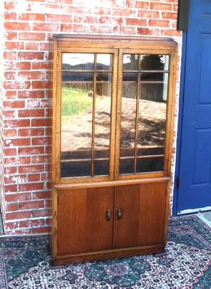 English Antique Oak Glass Door Bookcase / Display Cabinet