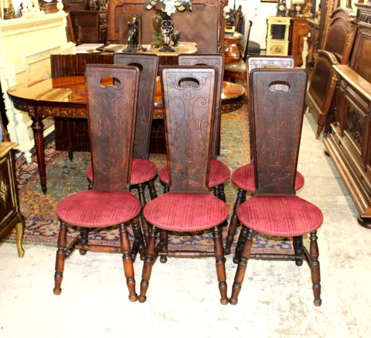 Set of 6 French Antique Walnut Dining Chairs | Carved Backs & Red Seats