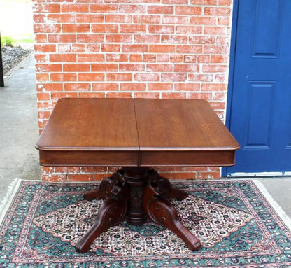 French Antique Tiger Oak Square Kitchen Table | Carved Base Dining Table c.1880