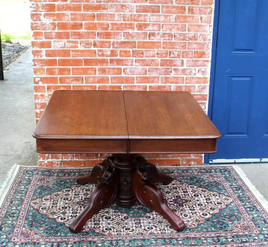 French Antique Tiger Oak Square Kitchen Table | Carved Base Dining Table c.1880