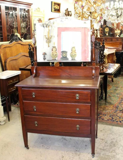 English Antique Mahogany 3 Drawer Dresser with Mirror | Bedroom Furniture