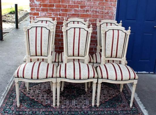 Set of 6 French Louis XVI Dining Chairs | White Painted Upholstered Seats