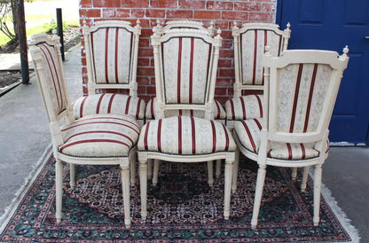 Set of 6 French Louis XVI Dining Chairs | White Painted Upholstered Seats