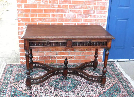 French Antique Oak Brittany Writing Desk | Carved Gothic Style Office Table