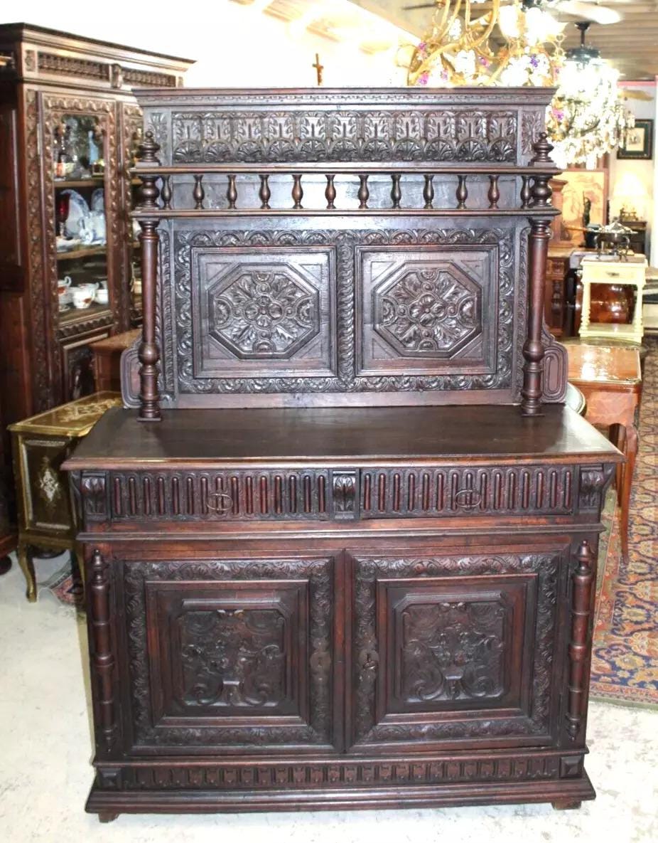 French Antique Renaissance Oak Buffet Server | Carved Sideboard c.1820