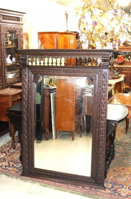 French Antique Brittany Style Wall Mirror - Dark Oak Wood, Carved Accents