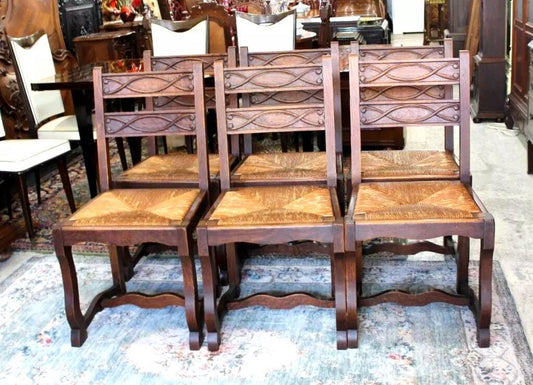 Set of 6 French Antique Renaissance Oak Wood Rush Seat Dining Chairs Sturdy