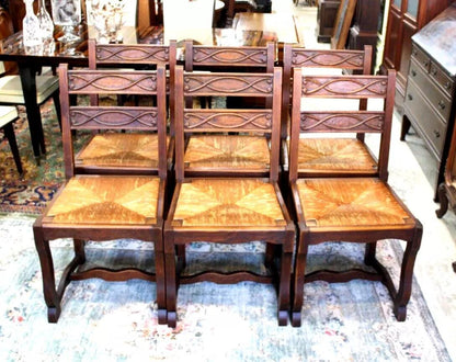 Set of 6 French Antique Renaissance Oak Wood Rush Seat Dining Chairs Sturdy