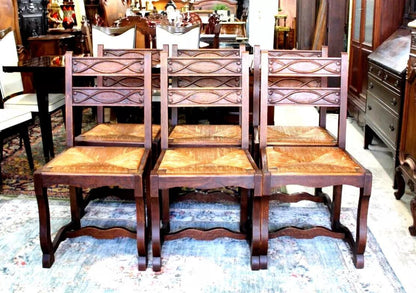 Set of 6 French Antique Renaissance Oak Wood Rush Seat Dining Chairs Sturdy