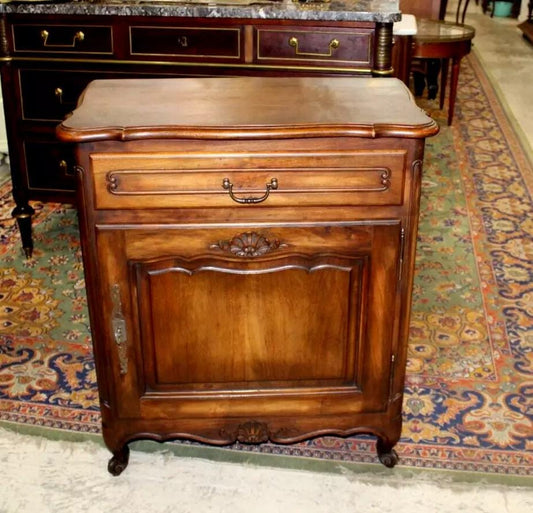 French Antique Walnut Louis XV Cabinet | 1 Door 1 Drawer | Carved Accent