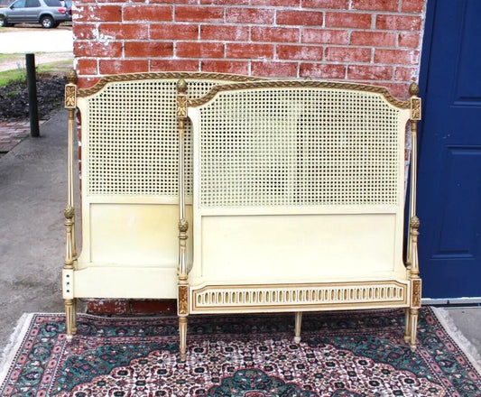 Set of 2 French Antique Louis XVI White Painted Twin Beds | Cane Headboards
