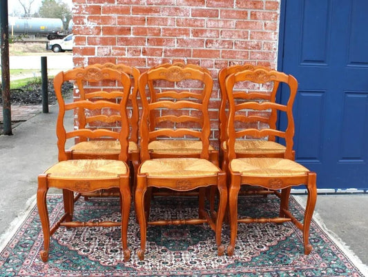 Set of 6 French Louis XV Oak Dining Chairs | Antique Rush Seats & Carving