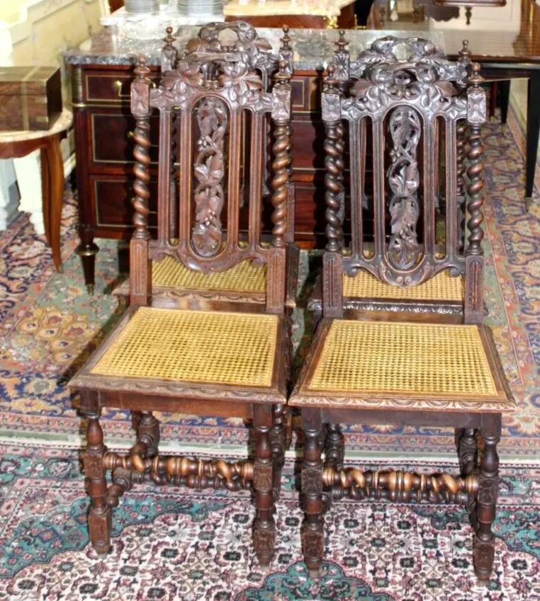 Set of 4 French Louis XIII Oak Dining Chairs | Carved Cane Seat Antique
