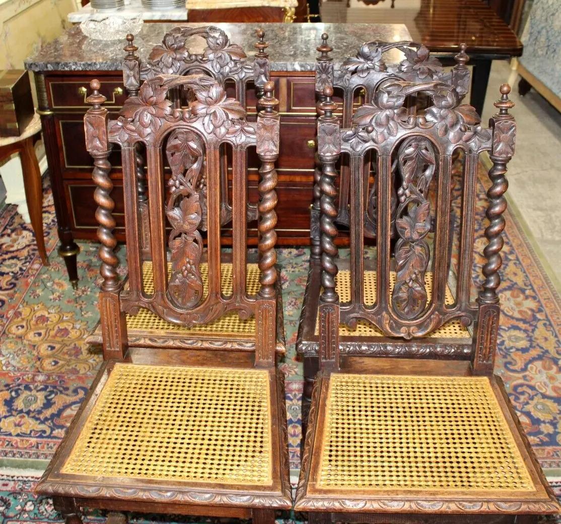 Set of 4 French Louis XIII Oak Dining Chairs | Carved Cane Seat Antique