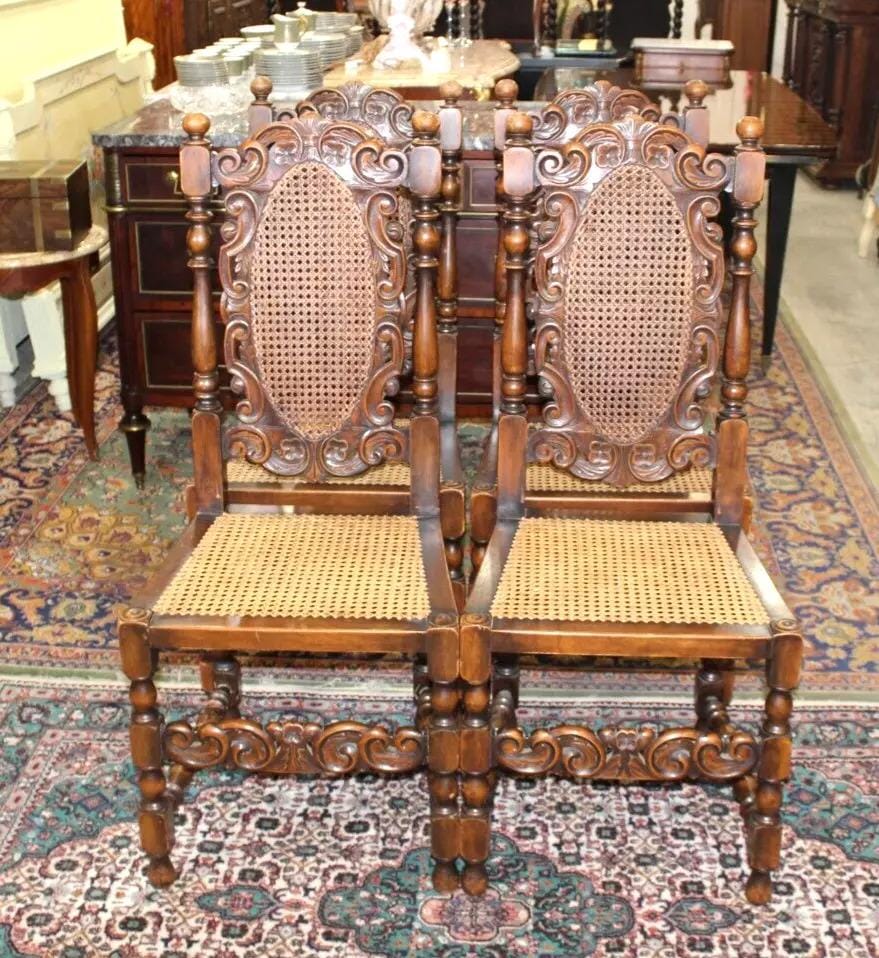 Set of 4 French Louis XIV Dining Chairs | Walnut Carved Cane Seat Antique