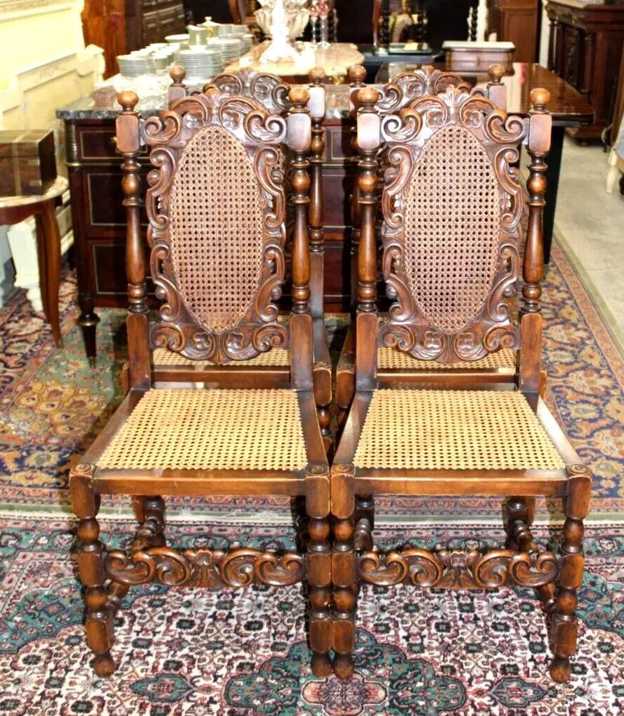 Set of 4 French Louis XIV Dining Chairs | Walnut Carved Cane Seat Antique