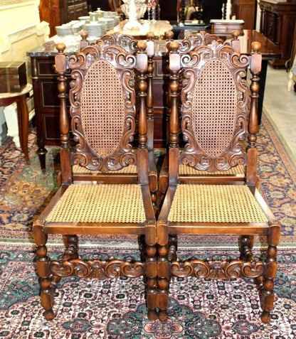 Set of 4 French Louis XIV Dining Chairs | Walnut Carved Cane Seat Antique