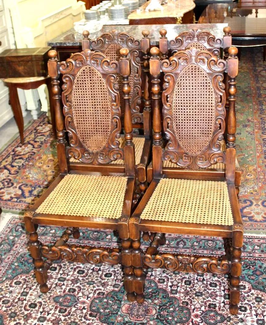 Set of 4 French Louis XIV Dining Chairs | Walnut Carved Cane Seat Antique