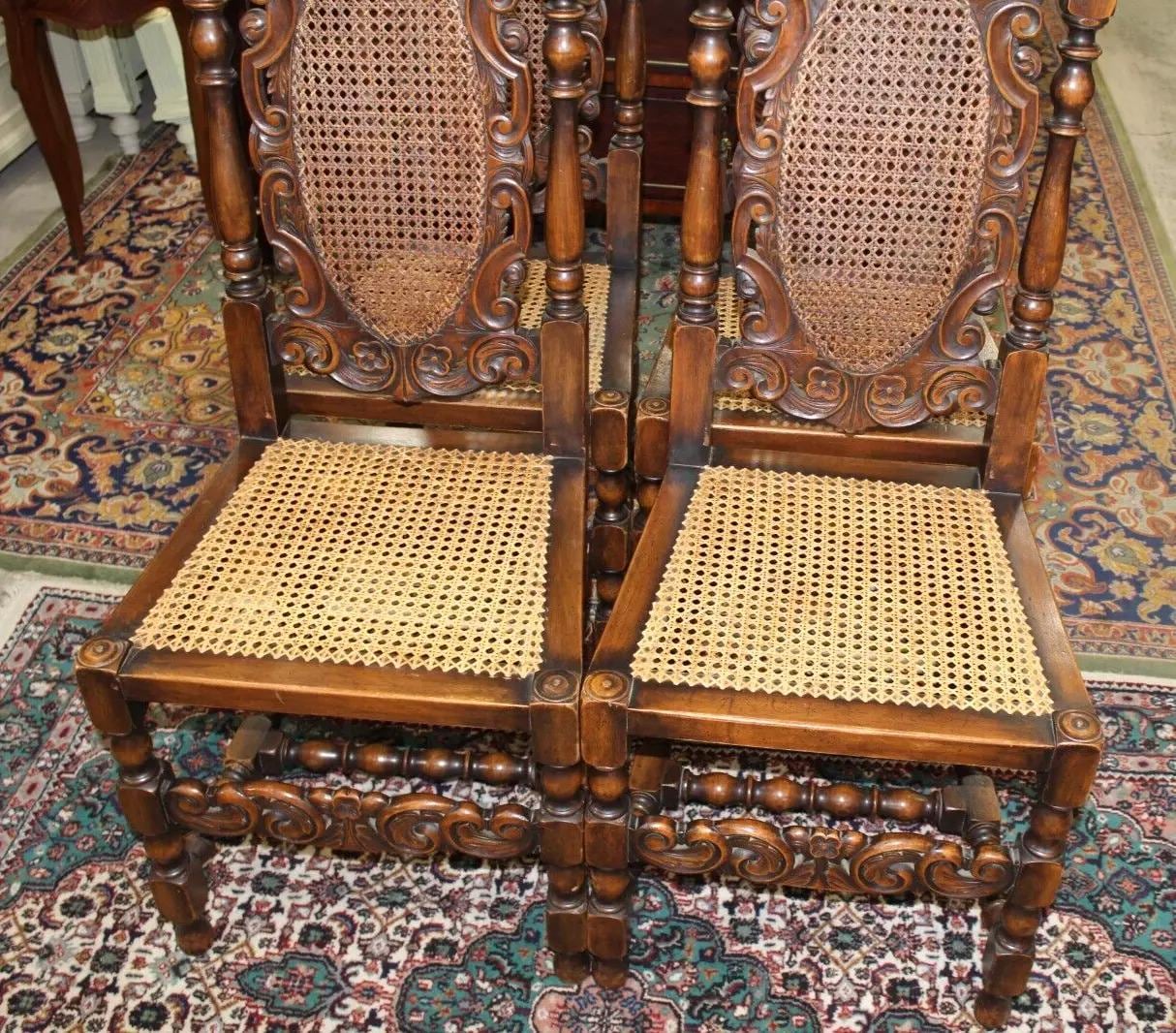 Set of 4 French Louis XIV Dining Chairs | Walnut Carved Cane Seat Antique
