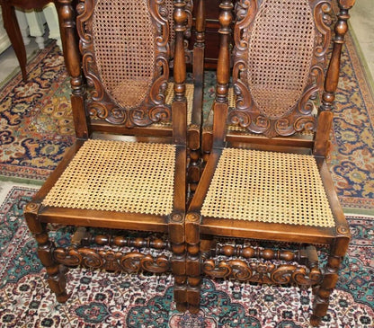 Set of 4 French Louis XIV Dining Chairs | Walnut Carved Cane Seat Antique
