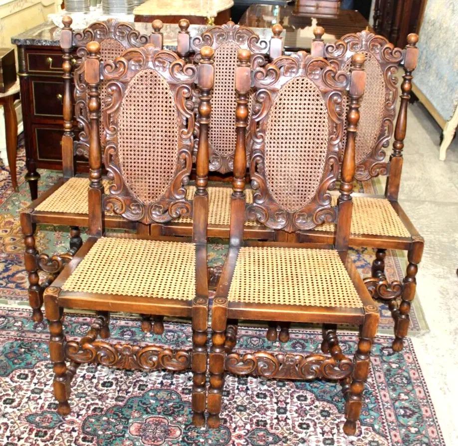 Set of 5 French Antique Louis XIV Walnut Dining Chairs | Cane Seats | Carved