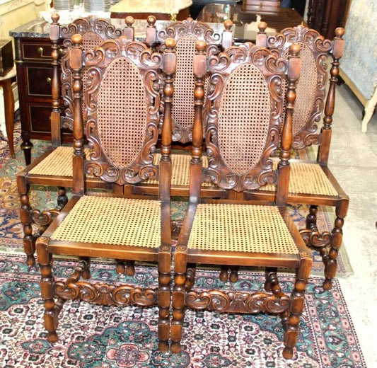 Set of 5 French Antique Louis XIV Walnut Dining Chairs | Cane Seats | Carved