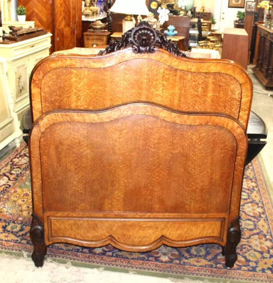French Antique Louis XV 3/4 Bed Rosewood & Maple Carved Frame w/ Rails